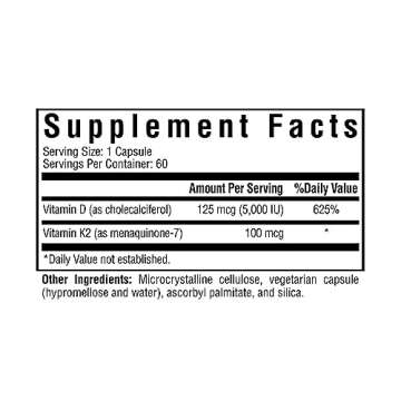 Vitamin D3 + K2 | 5000 IU of D3 (as cholecalciferol) for Optimal Calcium Absorption | 100 mcg of K2 ...