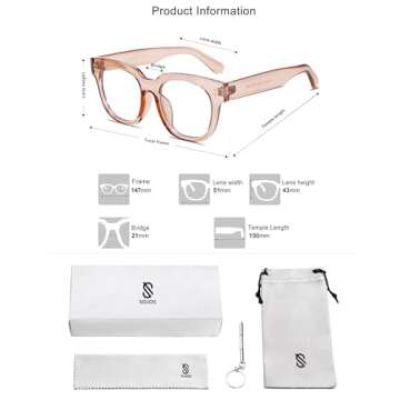 SOJOS Oversized Square Anti Blue Light Blocking Glasses for Women Thick Computer Eyeglasses Double Metal Studs SJ5053 with Crystal Pink Frame/Anti-Blue Light Lens