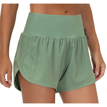 THE GYM PEOPLE Womens High Waisted Running Shorts Quick Dry Athletic Workout Shorts with Mesh Liner Zipper Pockets (Jasmine Green, Small)
