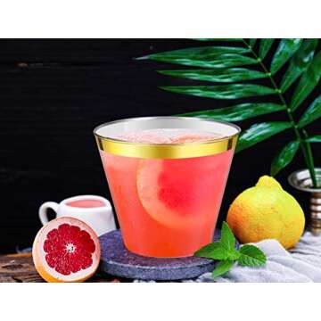 AZURIWARE 100 Count 9oz Disposable Clear Cup-Gold Trim Cup/Old Fashioned Tumblers/Plastic Wedding Cu...