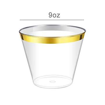 AZURIWARE 100 Count 9oz Disposable Clear Cup-Gold Trim Cup/Old Fashioned Tumblers/Plastic Wedding Cups/Fancy Party Cups