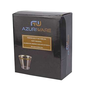 AZURIWARE 100 Count 9oz Disposable Clear Cup-Gold Trim Cup/Old Fashioned Tumblers/Plastic Wedding Cups/Fancy Party Cups