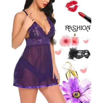Avidlove Women V-neck Lace Babydoll Mesh Chemise Sleepwear Sexy Open Back Lingerie Purple X-Large