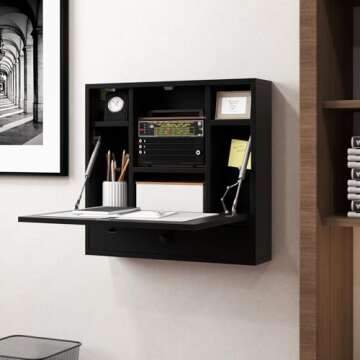 IFANNY Folding Wall Desk, Wood Wall Mounted Desk with Storage Drawer and Shelves, Fold Down Wall Mou...