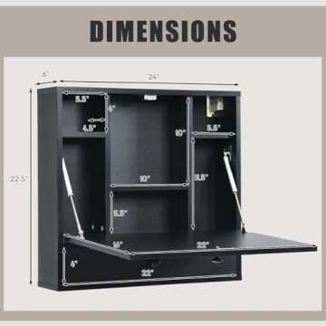 IFANNY Folding Wall Desk, Wood Wall Mounted Desk with Storage Drawer and Shelves, Fold Down Wall Mount Laptop Desk, Corner Floating Desk for Small Spaces (Black)