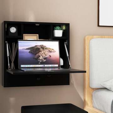 IFANNY Folding Wall Desk, Wood Wall Mounted Desk with Storage Drawer and Shelves, Fold Down Wall Mount Laptop Desk, Corner Floating Desk for Small Spaces (Black)