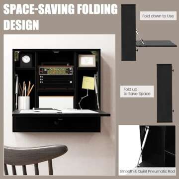 IFANNY Folding Wall Desk, Wood Wall Mounted Desk with Storage Drawer and Shelves, Fold Down Wall Mount Laptop Desk, Corner Floating Desk for Small Spaces (Black)