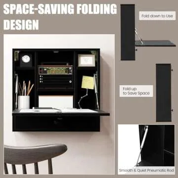 IFANNY Folding Wall Desk, Wood Wall Mounted Desk with Storage Drawer and Shelves, Fold Down Wall Mount Laptop Desk, Corner Floating Desk for Small Spaces (Black)