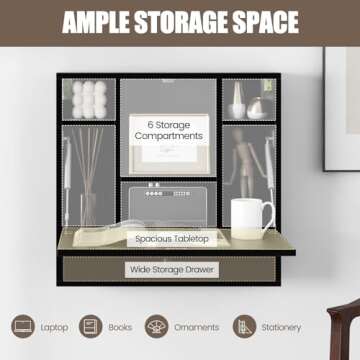IFANNY Folding Wall Desk, Wood Wall Mounted Desk with Storage Drawer and Shelves, Fold Down Wall Mount Laptop Desk, Corner Floating Desk for Small Spaces (Black)