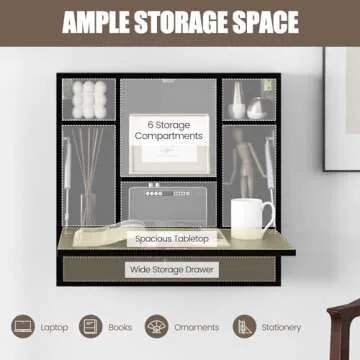 IFANNY Folding Wall Desk, Wood Wall Mounted Desk with Storage Drawer and Shelves, Fold Down Wall Mount Laptop Desk, Corner Floating Desk for Small Spaces (Black)