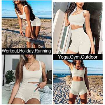 TWFRHC Women's Workout Sets Ribbed Tank 2 Piece Seamless High Waist Gym Outfit Yoga Shorts Sets
