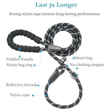 iYoShop Durable Slip Lead Dog Leash with Padded Handle and Highly Reflective Threads, No Pull Dog Training Leash, (1/2" x 6 FT, Black)
