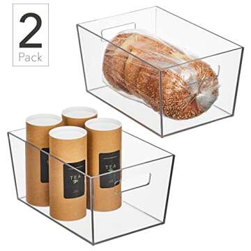 Nate Home by Nate Berkus Plastic Bin with Handles | for Pantry Organization Perfect Organizer for Kitchen Storage or Fridge from mDesign - Set of 2, Clear