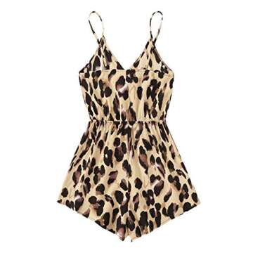 Verdusa Women's Leopard Print Wrap Spaghetti Strap Romper Cami Jumpsuit Brown M