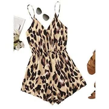 Verdusa Women's Leopard Print Wrap Spaghetti Strap Romper Cami Jumpsuit Brown M