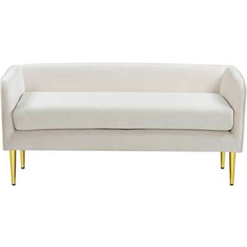 Meridian Furniture Audrey Collection Modern | Contemporary Velvet Upholstered Bench with Sturdy Metal Legs in Gold Finish, 52" W x 19" D x 24" H, Cream