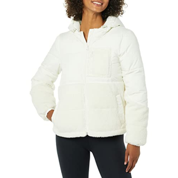 Amazon Essentials Women's Full-Zip Sherpa Fleece Hooded Puffer Jacket, Ivory, Small