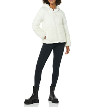 Amazon Essentials Women's Full-Zip Sherpa Fleece Hooded Puffer Jacket, Ivory, Small