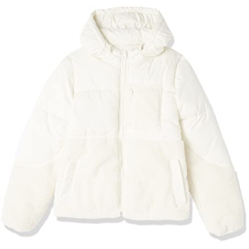 Amazon Essentials Women's Full-Zip Sherpa Fleece Hooded Puffer Jacket, Ivory, Small
