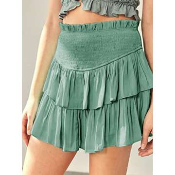 MISSLILIN Womens High Waist Ruffle Mini Skirts Elastic Waist Layered Flared Short Skirt Summer Pleated Skater Skirt Green S