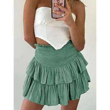 MISSLILIN Womens High Waist Ruffle Mini Skirts Elastic Waist Layered Flared Short Skirt Summer Pleated Skater Skirt Green S
