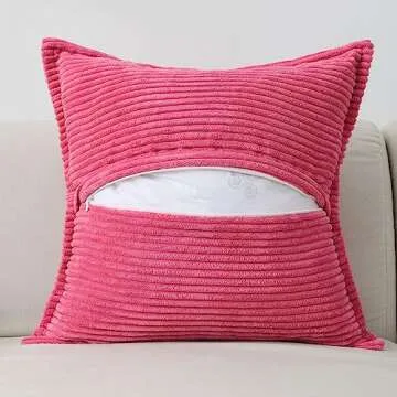 HAUSSY Hot Pink Throw Pillow Covers 20x20 Inch Set of 2,Soft Solid Corduroy Striped/Wide Bordered,Valentine Decor Pillows,Winter Home Decorations for Couch,Bed