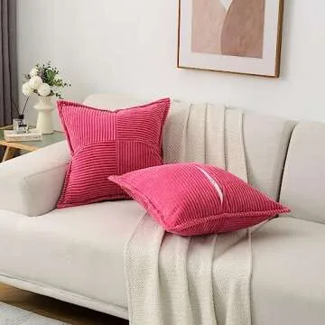 HAUSSY Hot Pink Throw Pillow Covers 20x20 Inch Set of 2,Soft Solid Corduroy Striped/Wide Bordered,Valentine Decor Pillows,Winter Home Decorations for Couch,Bed