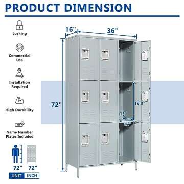BYNSOE Metal Locker 9 Doors Employees Locker Storage Cabinet Locker School Hospital Gym Locker Requires Assembly (Gray-9 Doors 36" w)