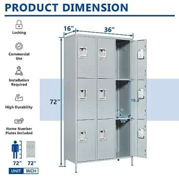 BYNSOE Metal Locker 9 Doors Employees Locker Storage Cabinet Locker School Hospital Gym Locker Requires Assembly (Gray-9 Doors 36" w)