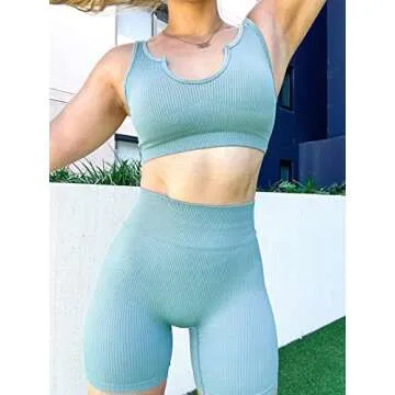 Women's 3 Piece Workout Shorts Yoga Seamless Ribbed High Waisted Spandex Booty Biker Shorts (Y8SP-B/Br/Blue L)