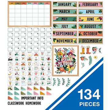 Carson Dellosa Grow Together 134PC Classroom Calendar Bulletin Board Set, Monthly Calendar, Motivational Poster, Flower, Plant, Holiday & Birthday Bulletin Board Accents for Bulletin Board, Wall Decor