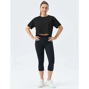 THE GYM PEOPLE Women's Workout Crop Top T-Shirt Short Sleeve Boxy Yoga Running Cropped Basic Tee Black