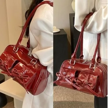 Juoxeepy Ita Bag Cute Bow Purse Aesthetic Japanese Shoulder Bag Faux Leather Tote Bag Y2k Red Handbag Purse
