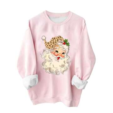 Women s Pink Christmas Sweatshirts for Women Novelty Funny Santa Xmas Tree Graphic Pullover Tops Loose Casual Fleece Shirts Pink L