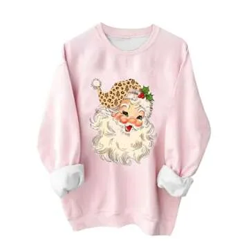 Women s Pink Christmas Sweatshirts for Women Novelty Funny Santa Xmas Tree Graphic Pullover Tops Loose Casual Fleece Shirts Pink L