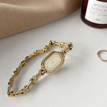 FANMIS Women's Vintage Oval Watches Luxury Minimalism Bracelet Small Gold Watch Ladies Analog Waterproof Watch Fashion Bangle Bracelet Dress Watch with Stainless Steel Band (Gold)