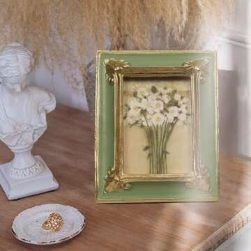 WINPLUS+ Vintage Picture frame 2.5x3.5, Luxury Antique Green Photo Frame With Golden Embossed Flower Furnishing, Retro Style Decor, Wall and Tabletop Display, Art Gallery (2.5x3.5-Green)
