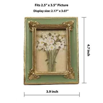 WINPLUS+ Vintage Picture frame 2.5x3.5, Luxury Antique Green Photo Frame With Golden Embossed Flower Furnishing, Retro Style Decor, Wall and Tabletop Display, Art Gallery (2.5x3.5-Green)