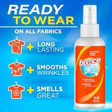 Bounce Anti Static Spray, 3 in 1 Anti Static & Instant Wrinkle Release, Odor Eliminator & Fabric Refresher, Rapid Touch Travel Spray (3 Oz, Pack of 1)