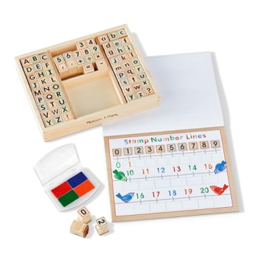 Melissa & Doug Deluxe Letters and Numbers Wooden Stamp Set ABCs 123s With Activity Book, 4-Color Stamp Pad - FSC Certified