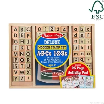 Melissa & Doug Deluxe Letters and Numbers Wooden Stamp Set ABCs 123s With Activity Book, 4-Color Stamp Pad - FSC Certified