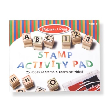 Melissa & Doug Deluxe Letters and Numbers Wooden Stamp Set ABCs 123s With Activity Book, 4-Color Stamp Pad - FSC Certified
