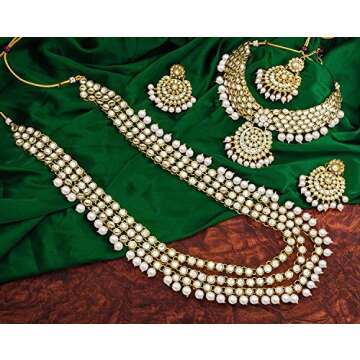 Aheli Indian Wedding Kundan Beaded Heavy Bridal Long Choker Necklace Earrings with Maang Tikka Traditional Jewellery Set for Women (White)