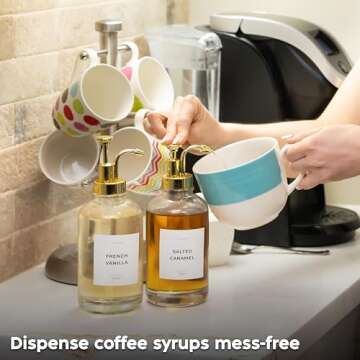 Spaceneat Coffee Syrup Dispenser with Pump - Includes 24 Flavor Labels - Glass Syrup Dispenser for Coffee Bar - Elevate your Beverage Station with 16.9 fl oz Flavoring Container Bottles, 2pcs, Gold