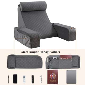 Vekkia Reading Pillow,Back Pillow for Bed Sitting Up Adult,Back Support Pillow with Arm Rest and Pockets,New Rest Chair Pillow for Bed Floor Reading,Gaming,Relaxing or Watching TV -19in Grey