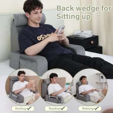 Vekkia Reading Pillow,Back Pillow for Bed Sitting Up Adult,Back Support Pillow with Arm Rest and Pockets,New Rest Chair Pillow for Bed Floor Reading,Gaming,Relaxing or Watching TV -19in Grey