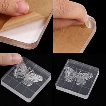 Acrylic Stamping Blocks Tools Set, BENBO 5 Pieces Assorted Sizes Clear Stamp Blocks with Grid Lines and 1 Sheet Clear Silicone Seal Stamps for Scrapbooking Crafts Card Making