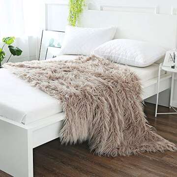 Ojia Super Soft Fuzzy Shaggy Mongolian Lamb Faux Fur Throw Blanket Plush Warm Cozy Elegant Long Bedding Cover Chic Decorative for Sofa Floor-50”x 60”,Light Coffee
