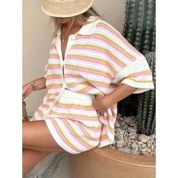 Tankaneo Womens Short Sleeve Striped Pajama Sets Color Block Crochet Knit Button Top and Shorts 2 Piece Lounge Sets Multicolor