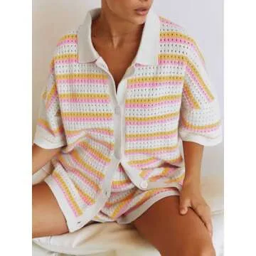 Tankaneo Womens Short Sleeve Striped Pajama Sets Color Block Crochet Knit Button Top and Shorts 2 Piece Lounge Sets Multicolor